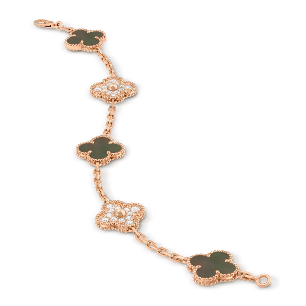 Vintage Alhambra bracelet, 5 motifs
18K rose gold, Diamond, Mother-of-pearl